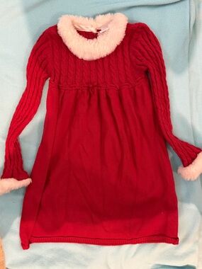 girls Gymboree Red Cable-Knit Sweater Dress with Faux Fur Trim
